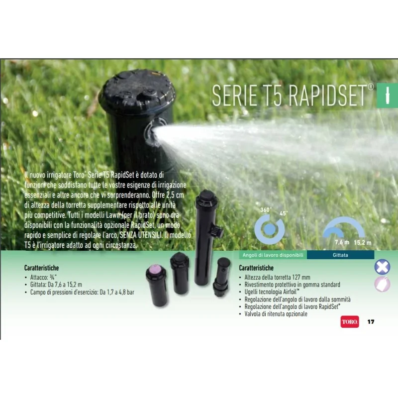 Specifiche e vantaggi Irrigatori a turbina dinamici Pop up per irrigazione Toro T5P RS 3/4" irrifarma.it