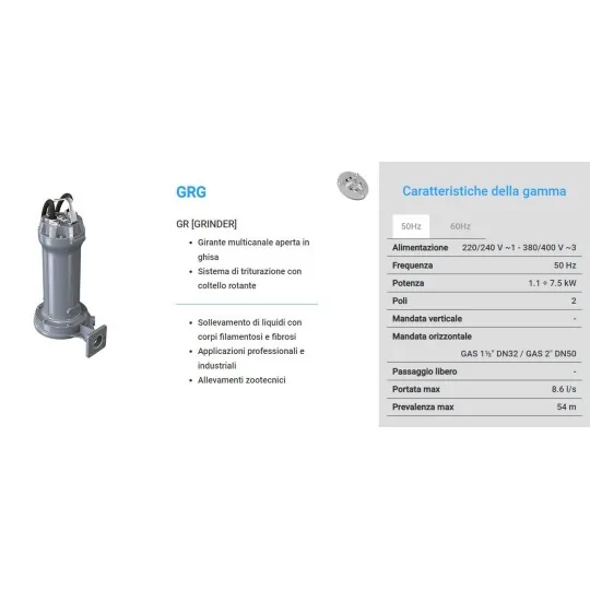 Specifiche Pompa sommersa trituratrice acque nere Zenit GRG 750/2/G50H irrifarma.it