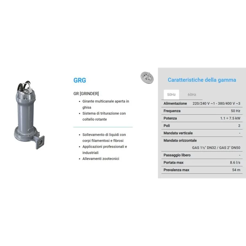 Specifiche Pompa sommersa trituratrice acque nere Zenit GRG 750/2/G50H irrifarma.it
