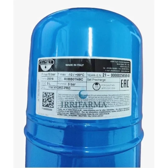 Dettagli tecnici Vaso di espansione Zilmet HydroPro 5 litri per autoclave e anticolpo d’ariete irrifarma.it