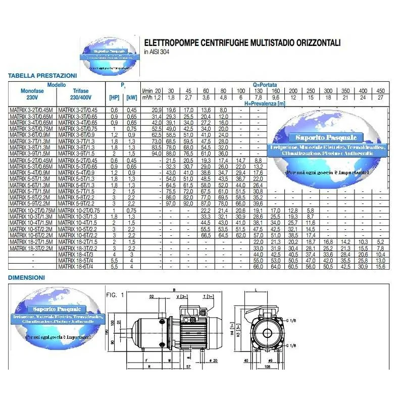 Portate e prevalenze Elettropompa multistadio MATRIX 3-5T/0.75M 1 Hp 220V Ebara irrifarma.it