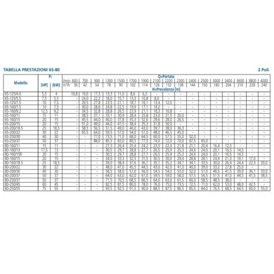 portate e prevalenze Pompa centrifuga normalizzata 3M/I 65-125/4 Ebara trifase irrifarma.it
