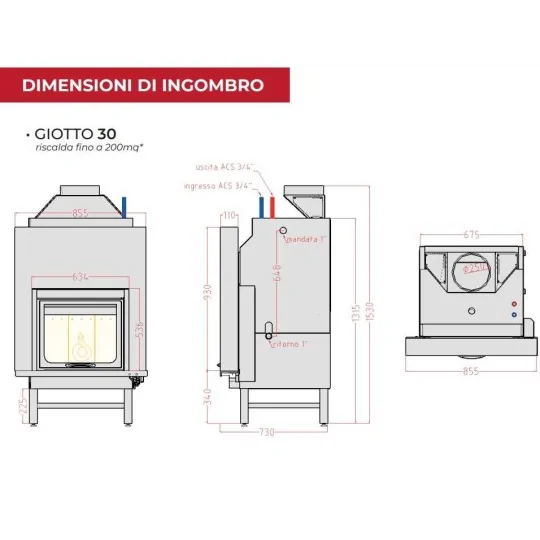 Dimensioni di ingombro Termocamino a legna Giotto 30 HELIOS irrifarma.it