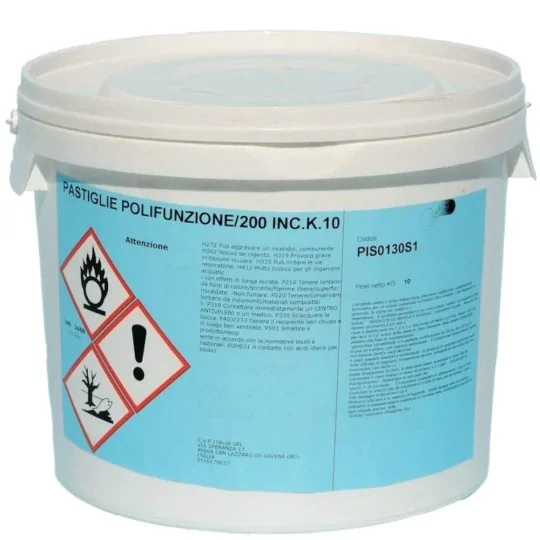 Pastiglie piscina multifunzione in secchio da 10 Kg Brentag 3 azioni Cloro Alghicida Flocculante Brentag irrifarma.it