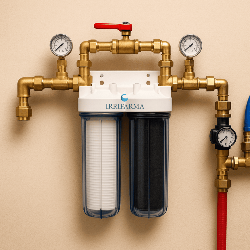 esempio di installazione in by pass Filtri acqua a 2 stadi sedimenti e carbone attivo 1" irrifarma.it