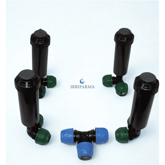 Set kit irrigazione 100 mq con 4 pop up dinamici Toro T5P RS e accessori di collegamento irrifarma.it