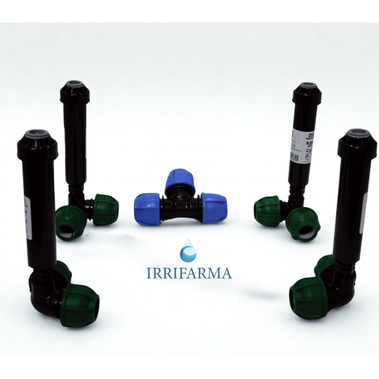 Set kit irrigazione 25 mq con 4 irrigatori statici a scomparsa e raccordo a T per tubo PE 25 mm irrifarma.it