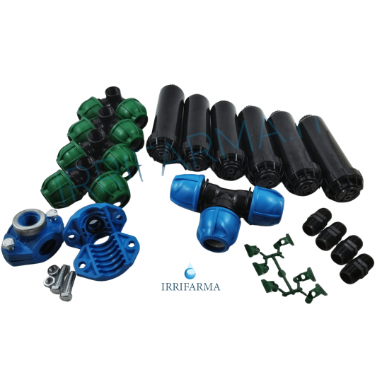 Contenuto kit irrigazione 50 mq con 6 irrigatori dinamici a turbina e raccordi per tubo PE 25 mm irrifarma.it