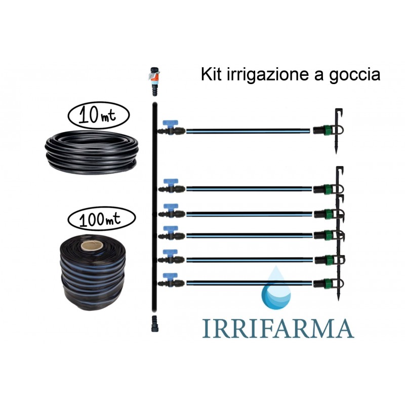 Composizione kit irrigazione a goccia per orto con 10 metri di tubo PE 25 mm e 100 metri di ala gocciolante passo 20 cm