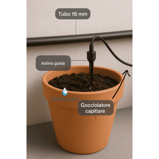dettaglio installazione gocciolatore capillare Impianto irrigazione terrazzo con irrigatori da balcone e per vaso irrifarma.it