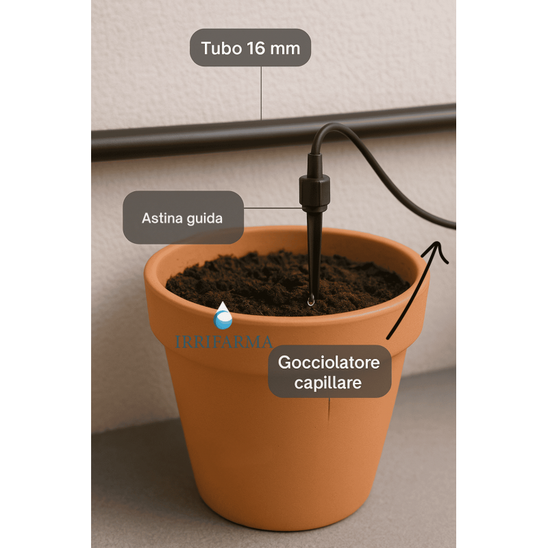 dettaglio installazione gocciolatore capillare Impianto irrigazione terrazzo con irrigatori da balcone e per vaso irrifarma.it