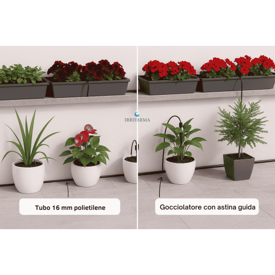 esempio di montaggio Impianto irrigazione terrazzo con irrigatori da balcone e per vaso irrifarma.it