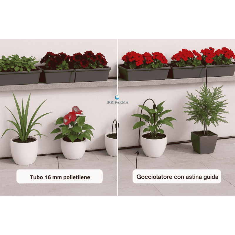 esempio di montaggio Impianto irrigazione terrazzo con irrigatori da balcone e per vaso irrifarma.it