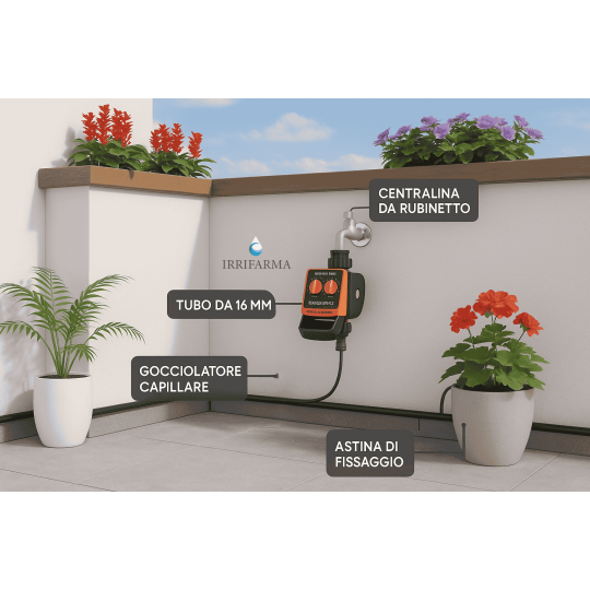 Kit irrigazione a goccia per vasi con centralina da rubinetto e tubo da 16 mm, esempio di installazione su balcone irrifarma.it