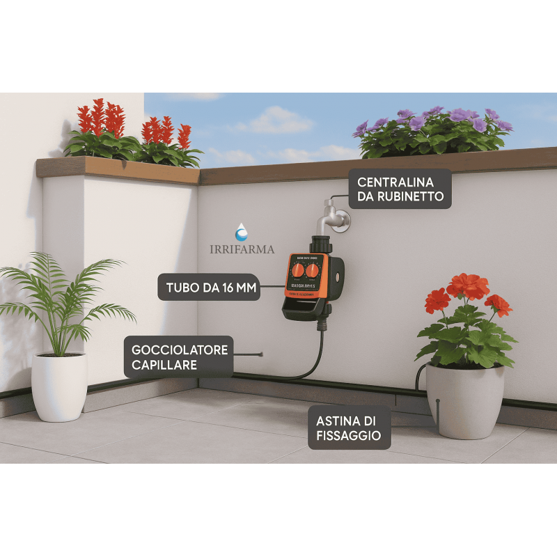 Kit irrigazione a goccia per vasi con centralina da rubinetto e tubo da 16 mm, esempio di installazione su balcone irrifarma.it
