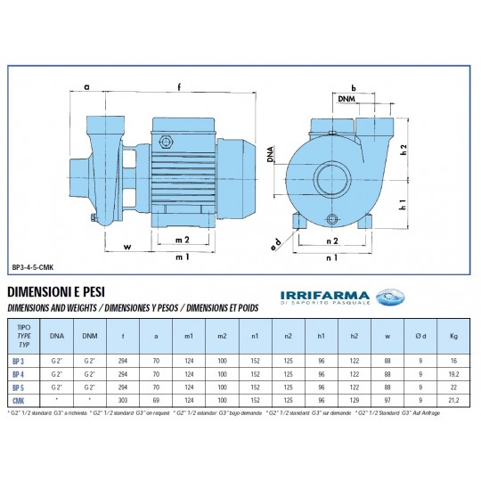 dettagli dimensioni Elettropompa Centrifuga Monogirante BP SAER 2" 660 L/min irrifarma.it