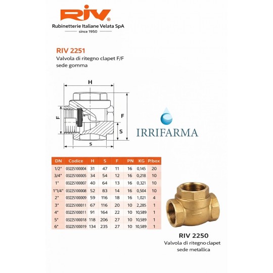dimensioni Valvola di non ritorno a clapet RIV 2251 in ottone F/F (sede gomma) irrifarma.it