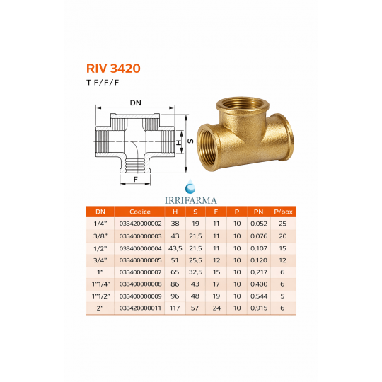dati tecnici Raccordo Tee in ottone filettato femmina F/F/F (misure 1/2"–4") irrifarma.it