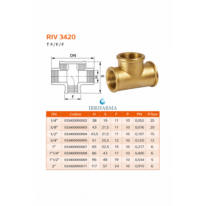 dati tecnici Raccordo Tee in ottone filettato femmina F/F/F (misure 1/2"–4") irrifarma.it