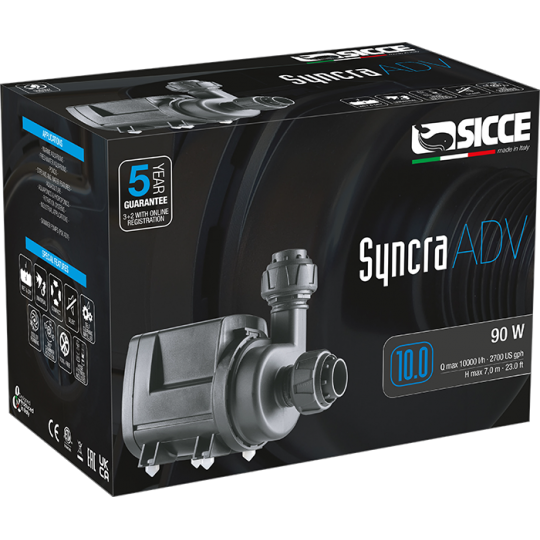 dettaglio scatolo Pompa per Fontane ad Alta Prevalenza Sicce Syncra ADV 10.0 – 7 m di Spinta, 10.000 l/h irrifarma.it