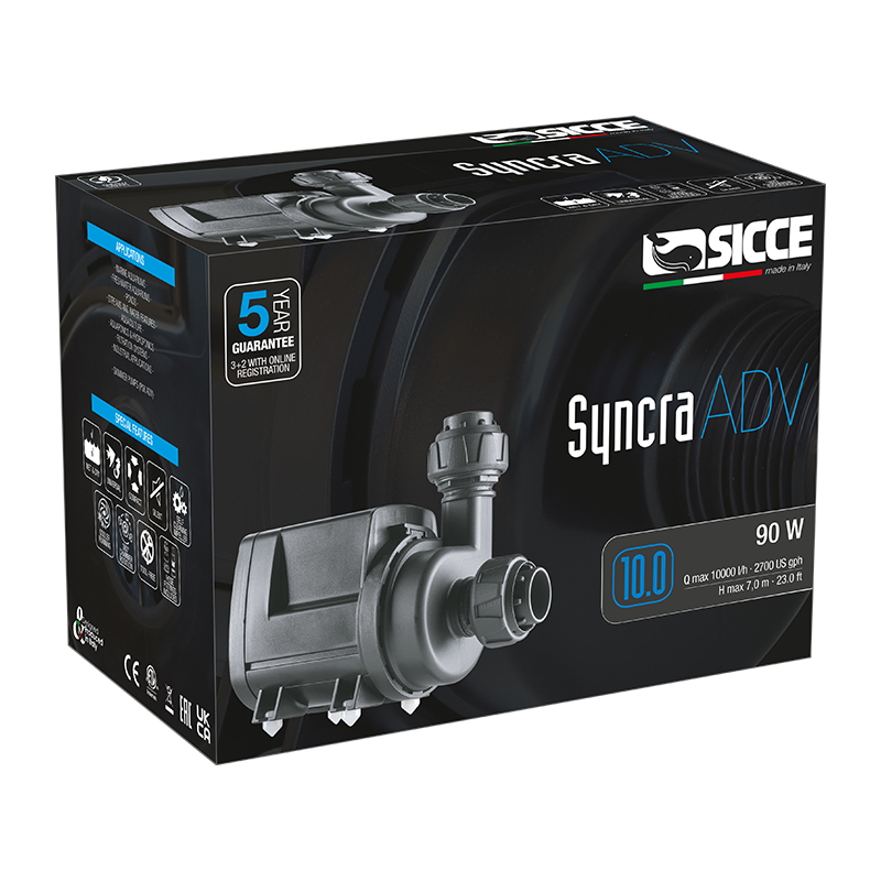 dettaglio scatolo Pompa per Fontane ad Alta Prevalenza Sicce Syncra ADV 10.0 – 7 m di Spinta, 10.000 l/h irrifarma.it