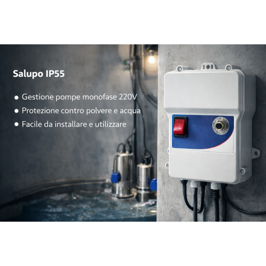 caratteristiche Quadro comando pompa sommersa monofase 0.75 hp 220V Salupo IP55 irrifarma.it