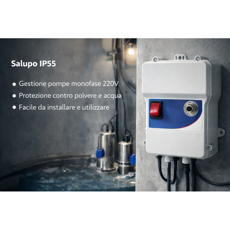 caratteristiche Quadro comando pompa sommersa monofase 0.75 hp 220V Salupo IP55 irrifarma.it