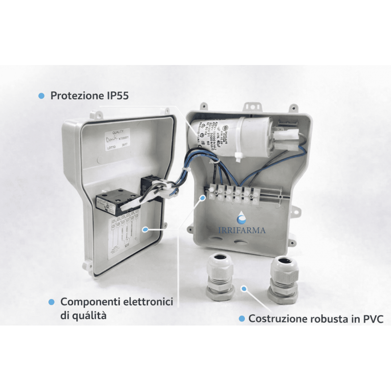 caratteristiche interne Quadro comando pompa sommersa monofase 1.5 hp Salupo 220v irrifarma.it