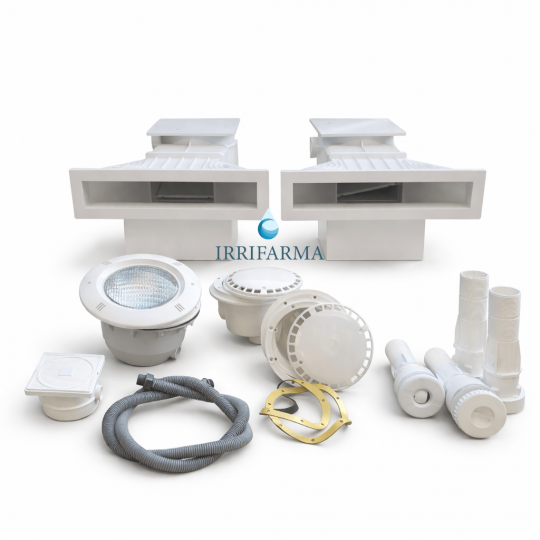 Dettaglio faro kit piscina interrata circolazione per piscine in cemento armato e casseri a 2 Skimmer irrifarma.it