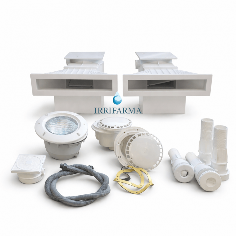 Dettaglio faro kit piscina interrata circolazione per piscine in cemento armato e casseri a 2 Skimmer irrifarma.it