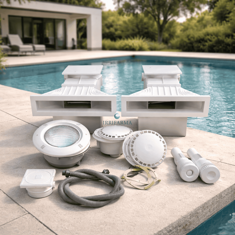 esempio di piscina realizzabile con Kit piscina interrata fai da te impianto circolazione a 2 skimmer sfioratore irrifarma.it