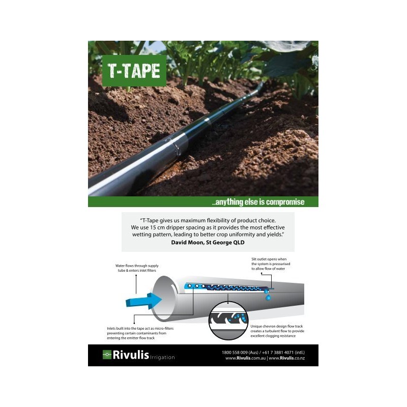 caratteristiche Manichetta gocciolante T-Tape 508/15 Rivulis 2300 m passo 15 cm irrifarma.it