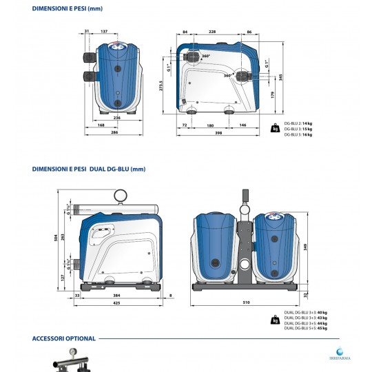 Dimensioni Sistema di pressurizzazione automatico Pedrollo DG BLU 5 1,5 HP irrifarma.it