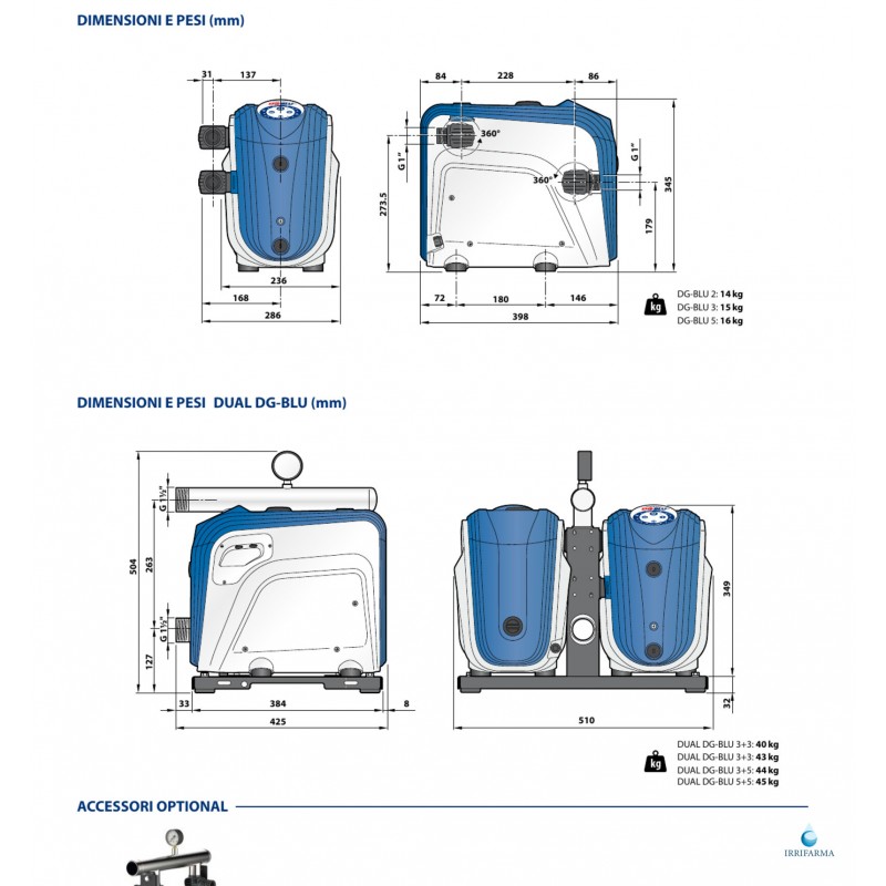 Dimensioni Sistema di pressurizzazione automatico Pedrollo DG BLU 5 1,5 HP irrifarma.it