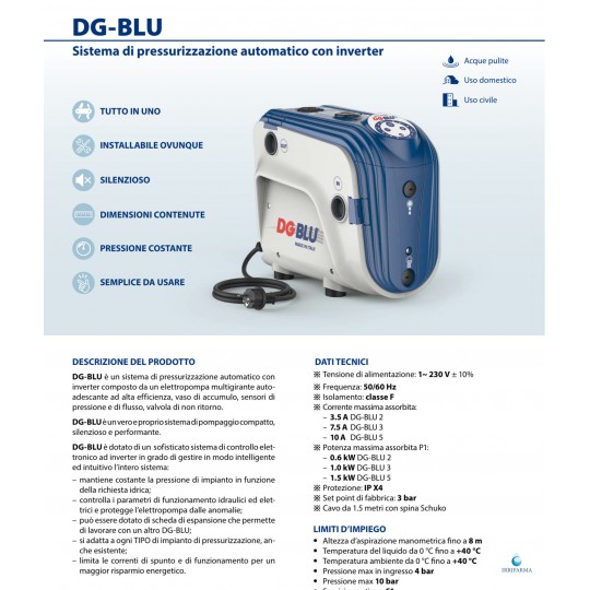 scheda tecnica Sistema di pressurizzazione automatico Pedrollo DG BLU 5 1,5 HP irrifarma.it