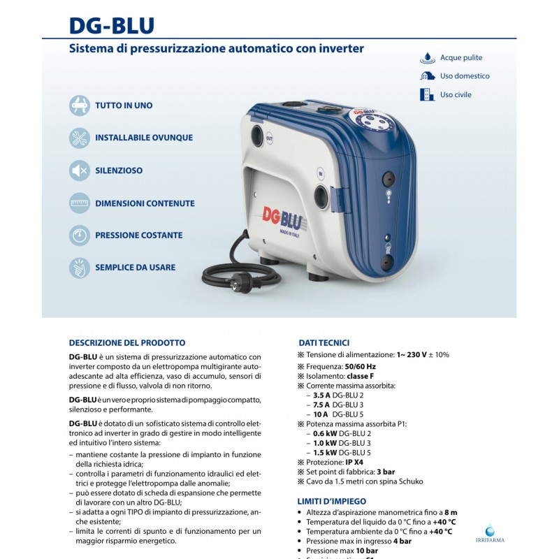 scheda tecnica Sistema di pressurizzazione automatico Pedrollo DG BLU 5 1,5 HP irrifarma.it