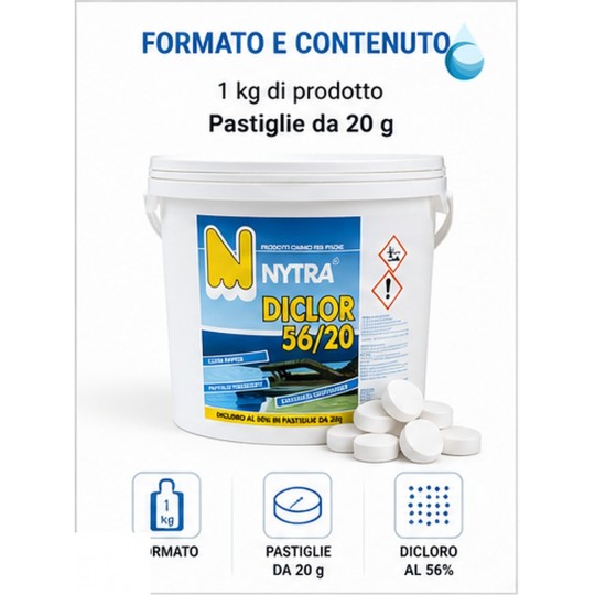 dettaglio formato Pastiglie cloro piscina 20 g Nytra 5 kg – Dicloro 56% a dissoluzione rapida irrifarma.it