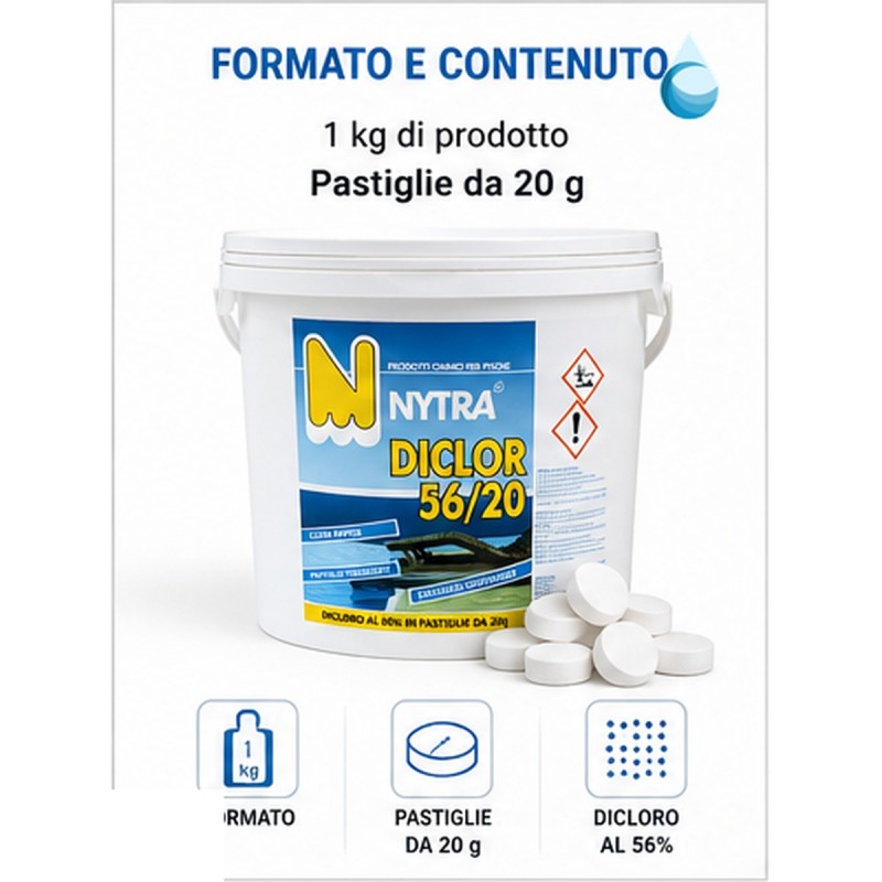 dettaglio formato Pastiglie cloro piscina 20 g Nytra 5 kg – Dicloro 56% a dissoluzione rapida irrifarma.it