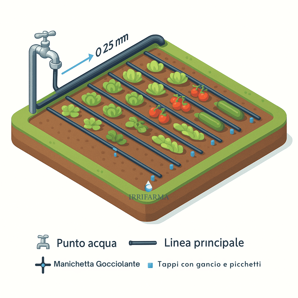 Esempio di orto da 100 mq irrigato con kit impianto a goccia e ala gocciolante