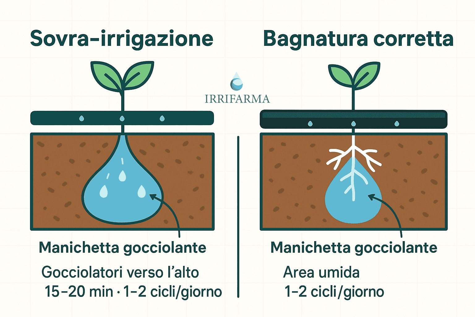 Manichetta gocciolante posata lungo le filari in un orto con terreno umido in prossimità delle radici