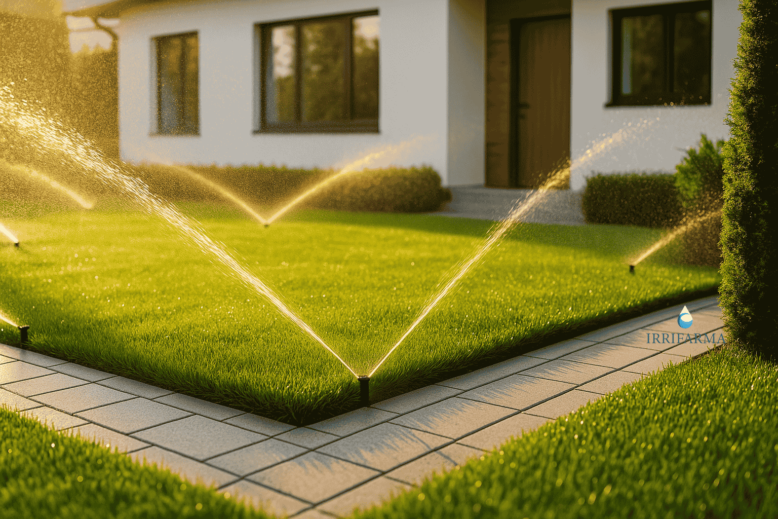 Prato verde con irrigatori a scomparsa in funzione in un giardino residenziale