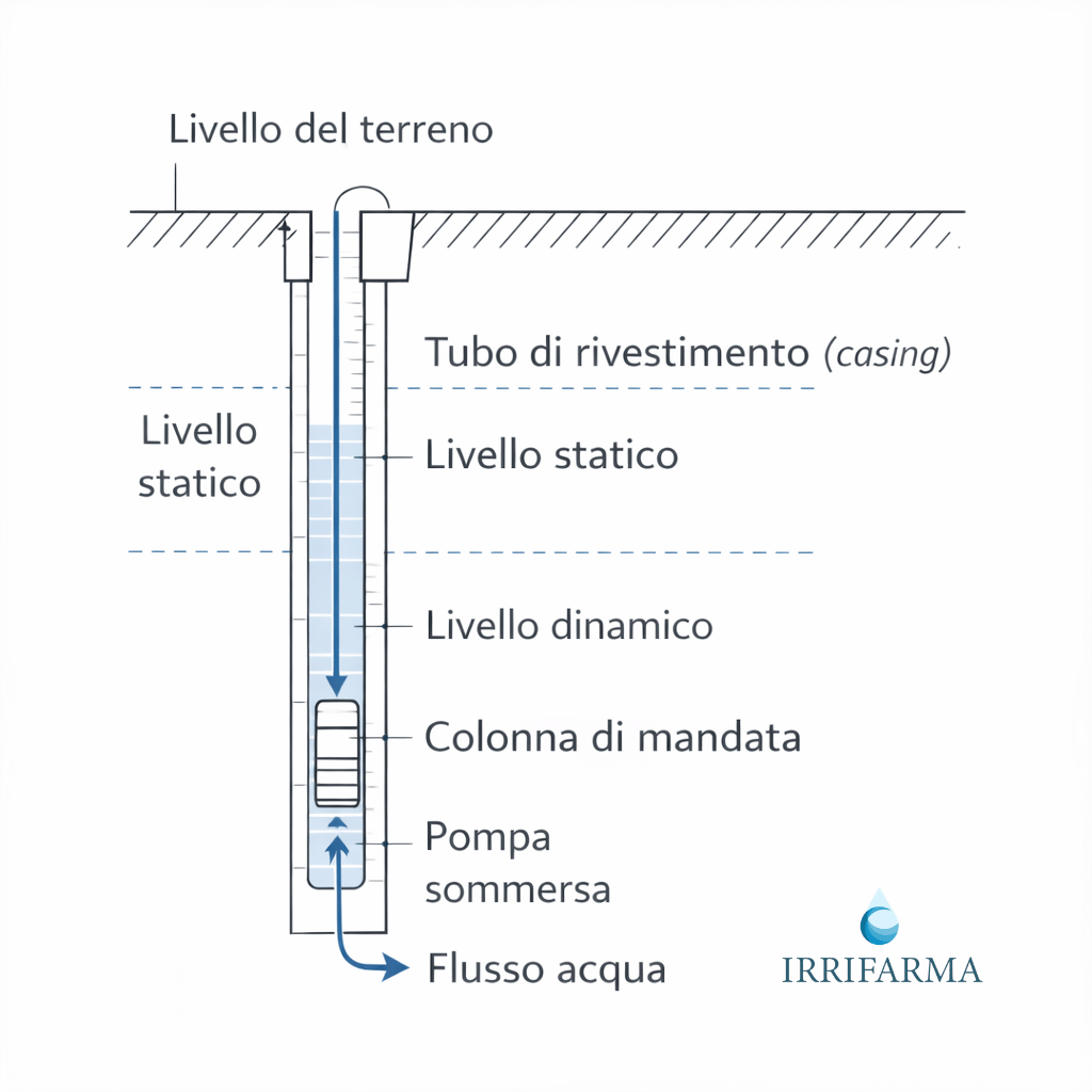 Schema tecnico di pozzo con livello statico, livello dinamico e pompa sommersa installata sotto il livello dinamico