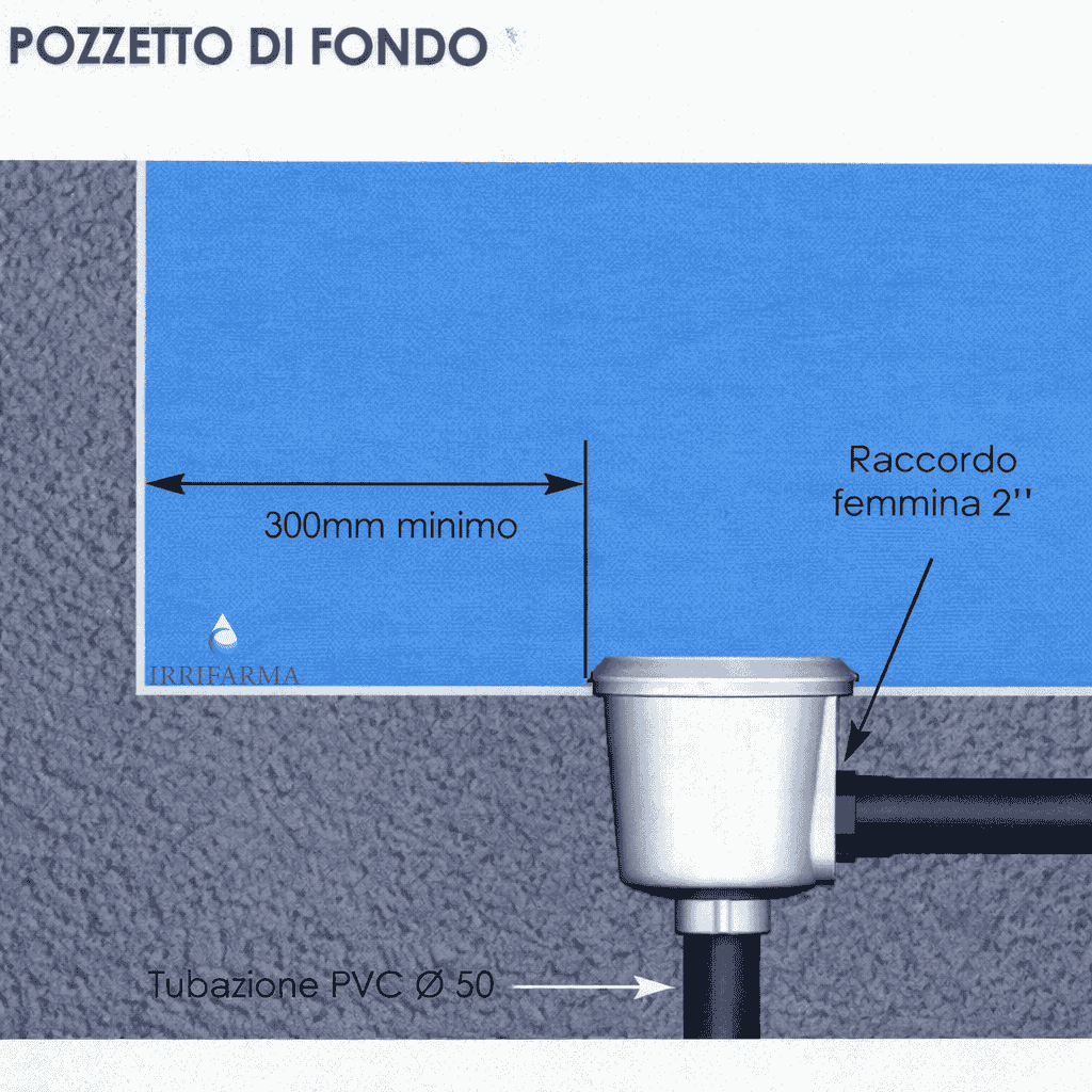 Schema posizionamento e installazione presa di fondo antivortice piscina: consigliata lato skimmer