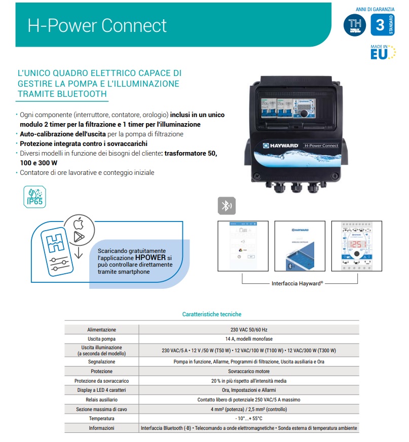 specifiche Quadro Elettrico per Piscina Hayward H-Power Connect con Bluetooth e Timer per Pompa e Illuminazione