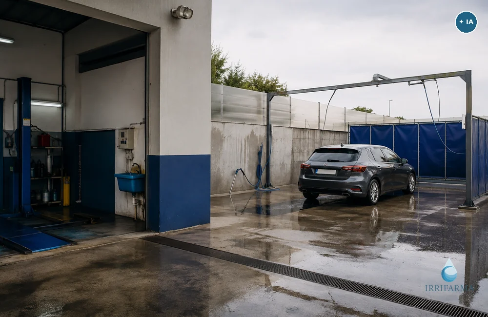Piazzale scoperto di autolavaggio con pozze d'acqua piovana, caso tipico di acque di prima pioggia