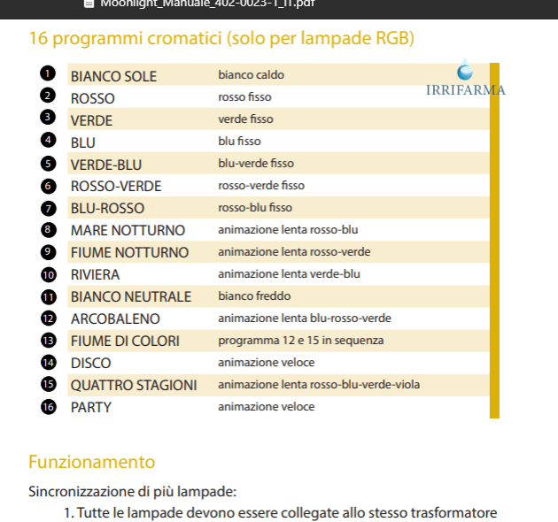 Programmi RGB lampada piscina PLS400B: 16 modalità colore (statiche e sequenze)