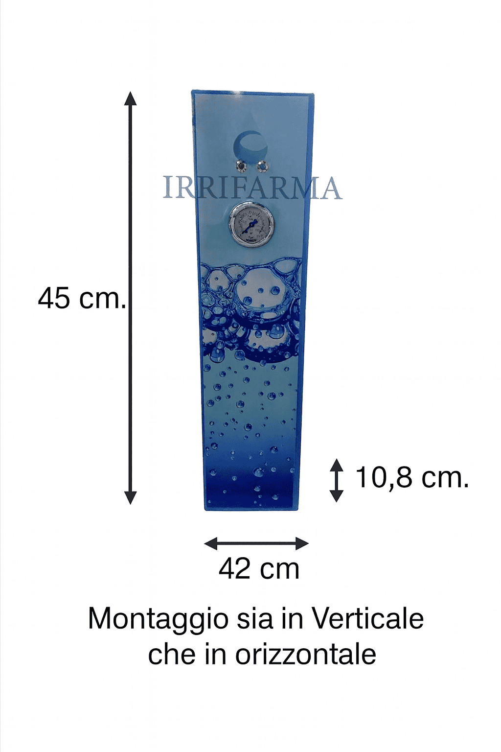 Dimensioni depuratore acqua 200GPD Irrifarma 45x42x10,8 cm con montaggio verticale o orizzontale