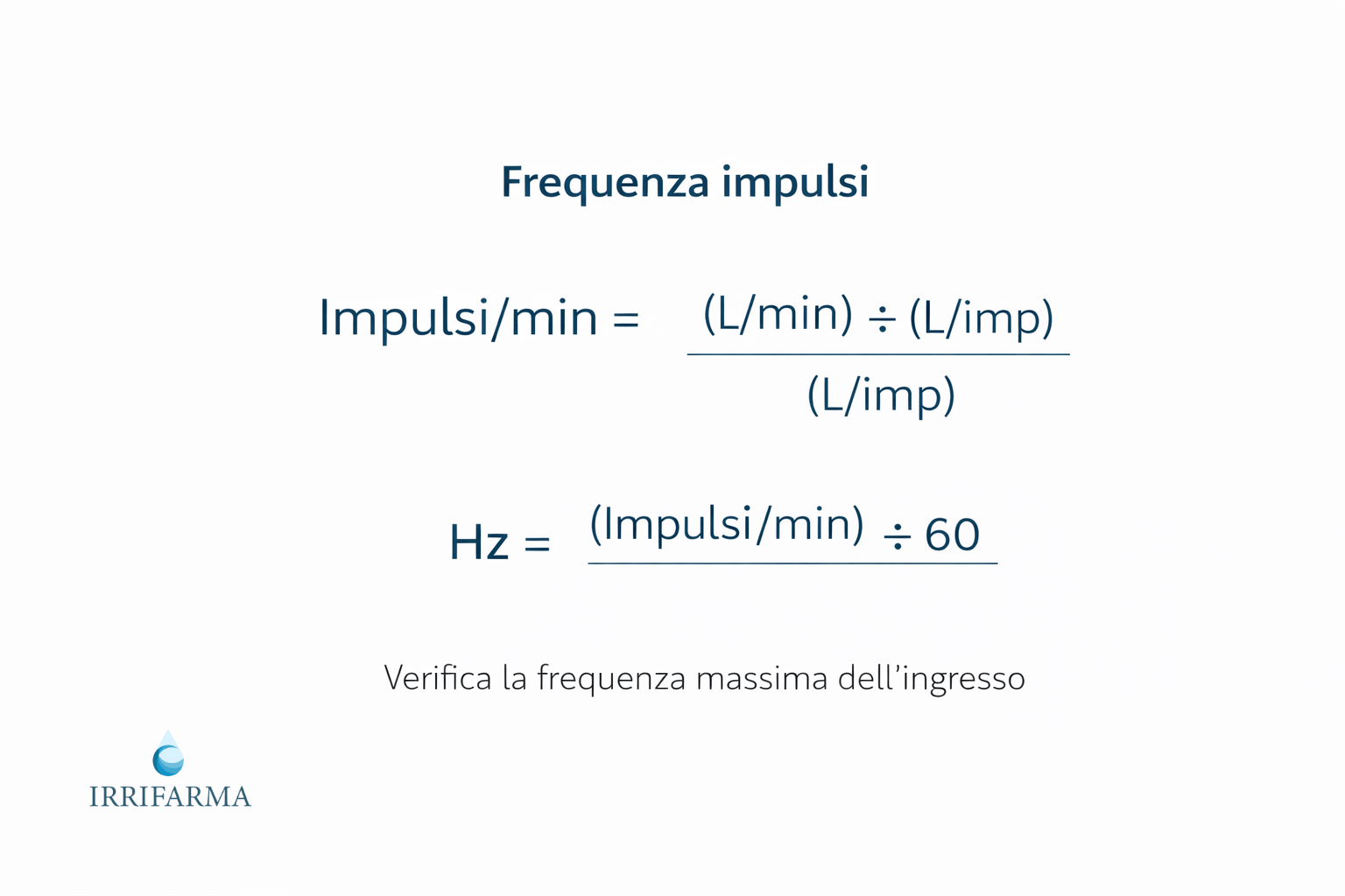 Formula calcolo frequenza impulsi in Hz in base a portata e litri per impulso
