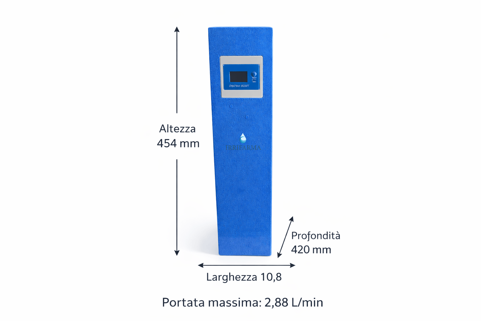 Dimensioni e dati UV 11W: corpo AISI 304, portata 3 L/min acqua filtrata, pressione max 6 bar