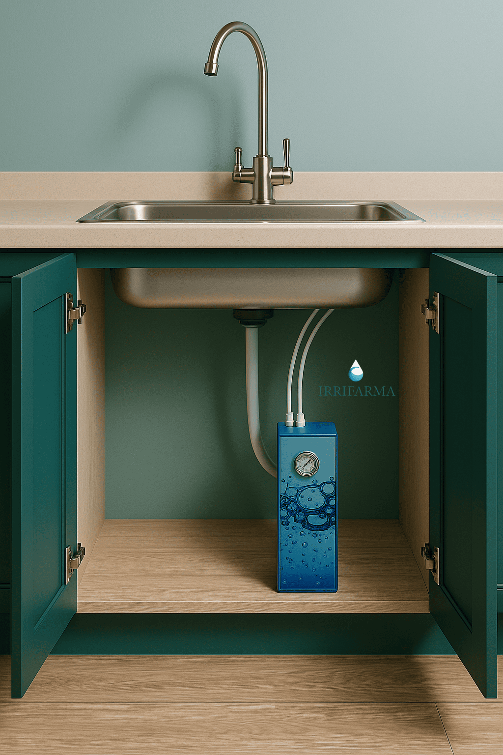 Depuratore acqua 200GPD Irrifarma installato sotto il lavello con rubinetto dedicato